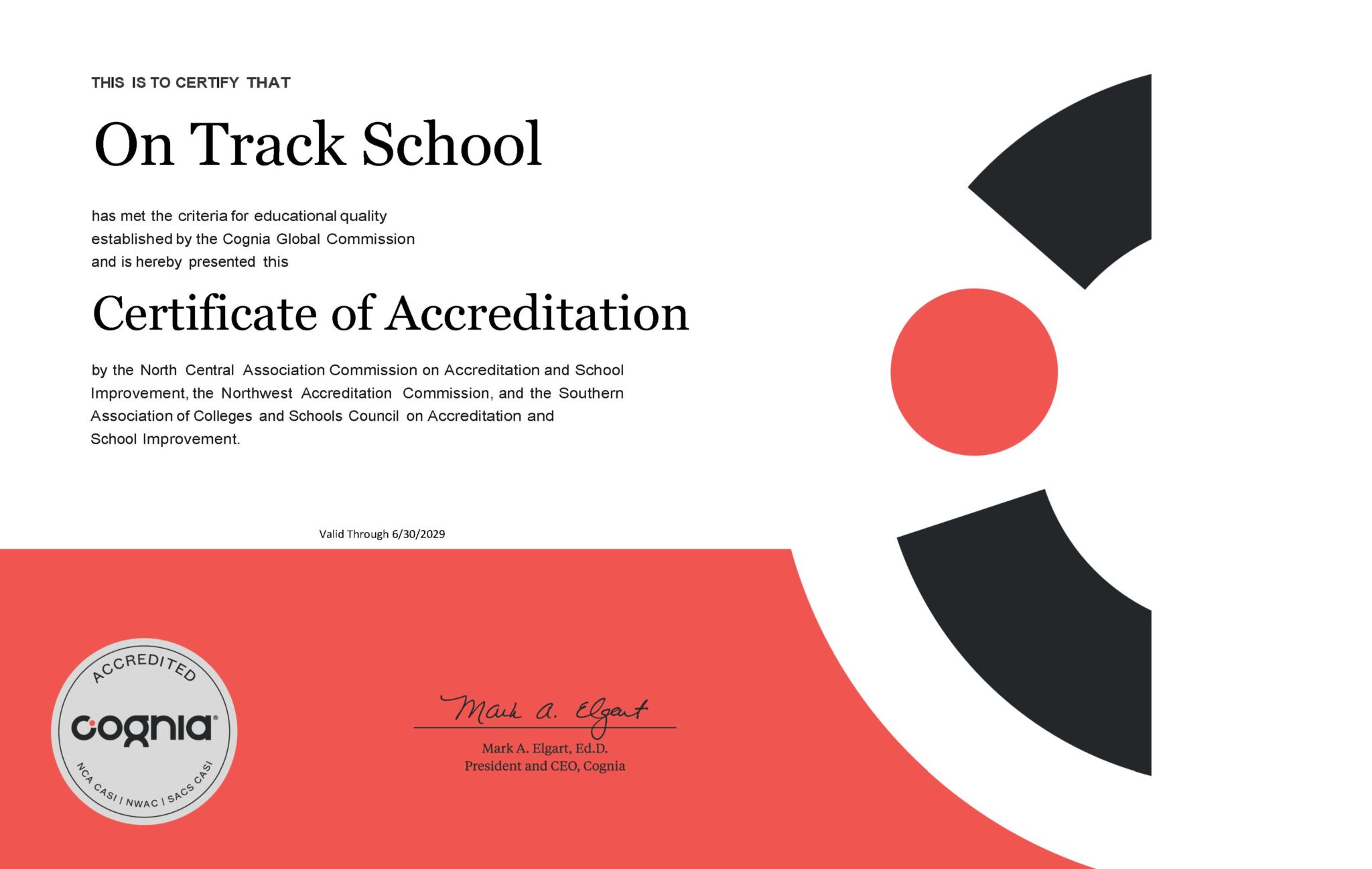 Accreditation Certificate - On Track School